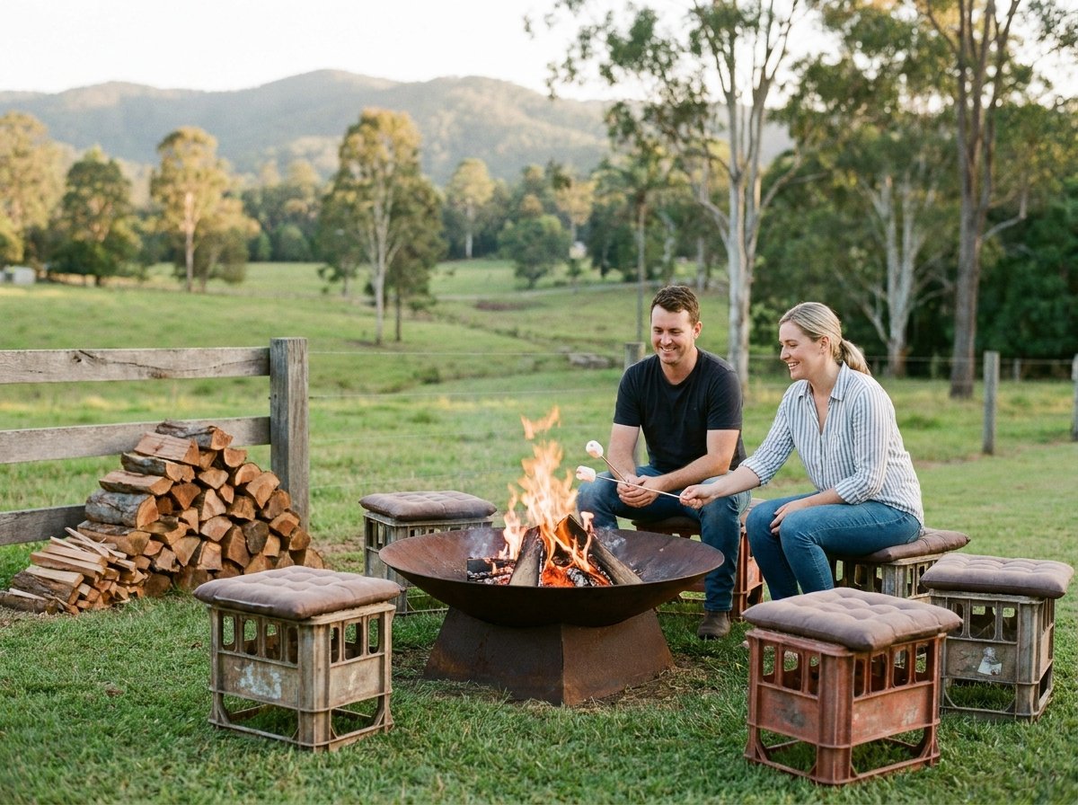 Fire pit experience at City Chicks Farm Samford Valley with marshmallow toasting